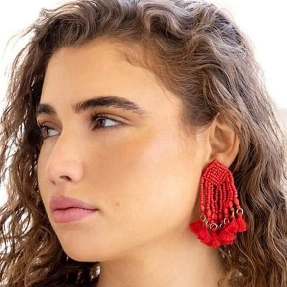 New Plunder "Monique" Red Seed Bead Tassel Earrings (3") - Picture 2 of 5